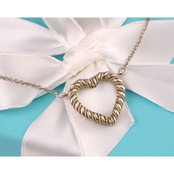 Authentic Tiffany and Co. Necklace Twisted Heart Rope Pendant 18k Gold & Silver - Picture 1 of 8